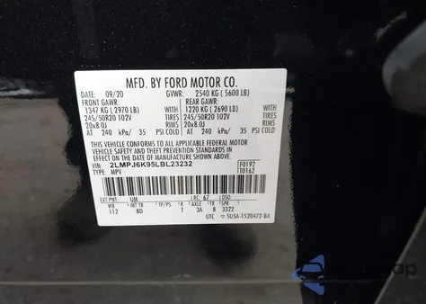 2020 Lincoln Nautilus Reserve z USA, uszkodzony, nr VIN 2LMPJ6K95LBL23232